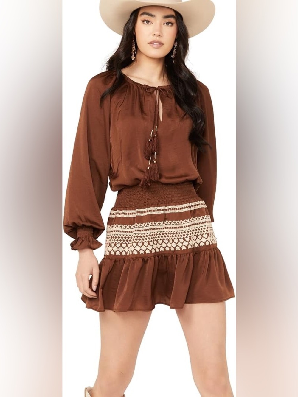 Shyanne Brown Mini Skirt with Ivory Embroidery Size M